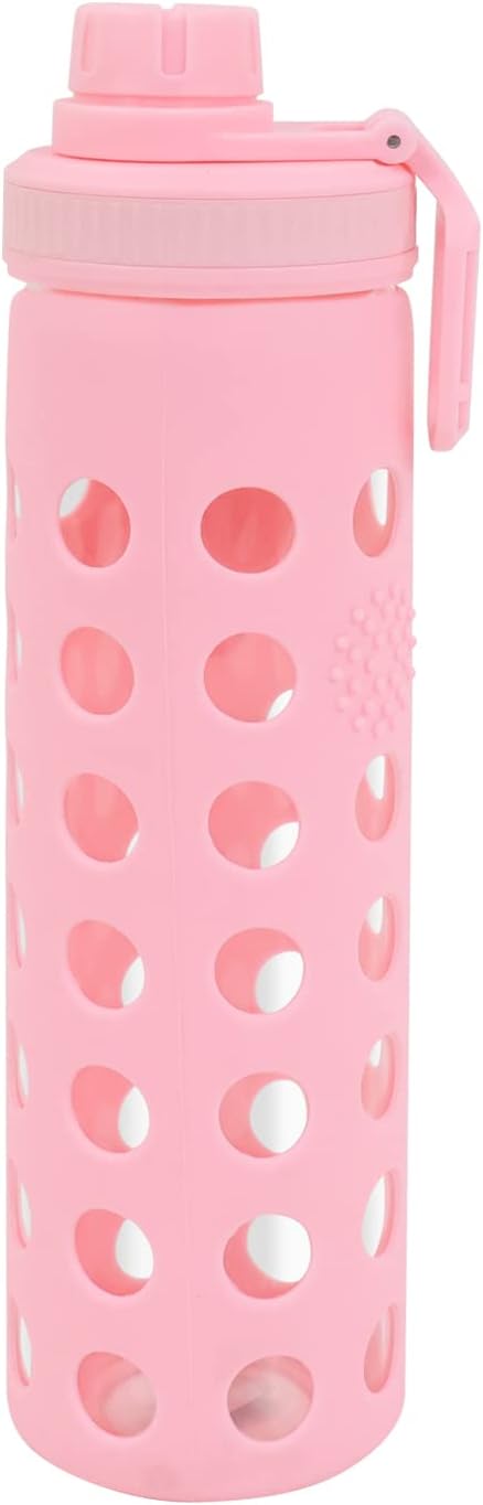Modern-Depo 20oz Clear Glass Water Bottles Extra Lid Odor Proof and Stain Resistant Wide Mouth Reusable Fitness Sports Bottle with Sleeve, Motivational Water Jug, Pink