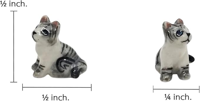 WitnyStore Tiny ½ Inch Gray White Tabby Shorthair Cat Sit Look Up Figurine - Miniature Hand Made Painted Ceramic Cats Kittens Feline Animals Cute Porcelain Decorative Collectible Figures Décor Gifts