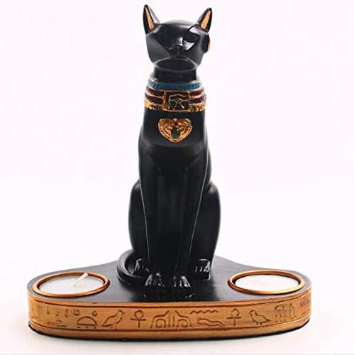 Ancient Egypt Egyptian Bastet Cat Goddess Statue Collectible Figurine Bastet Cat Sculpture with 2 Tea Light Candle Holder (Cat Statue with Candle Holder)