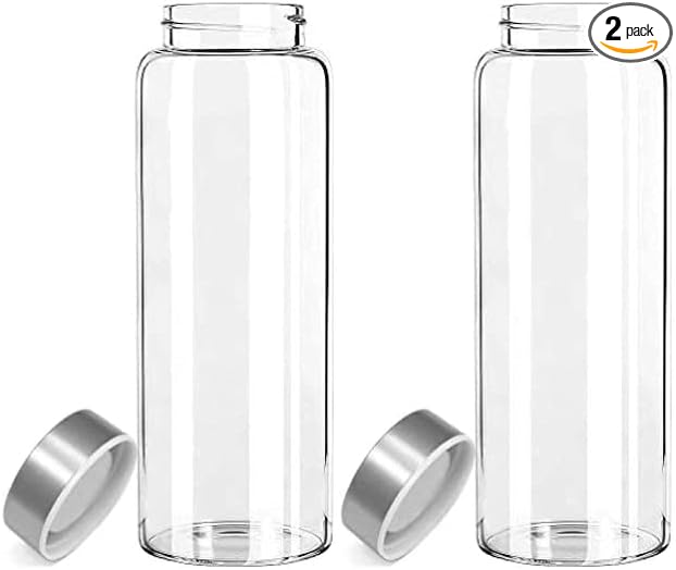 Millan Collection 2 Pack - 32 oz Glass Water Bottle, Wide Mouth, BPA Free with Leak-Proof Stainless Steel Lid (2)