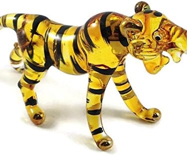 Tiny 3" Yellow Black Stripe Roar Bengal Tiger - Miniature Hand Blown Glass Tigers Panthera Wild Cats Crystal Wildlife Animals Decorative Figure Collectible Figurine Décor Gifts