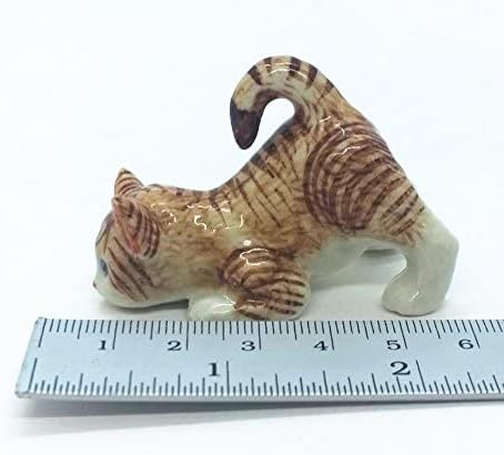 WitnyStore Tiny 2⅛" Brown White Tabby Shorthair Cat Bending Down Figurine - Miniature Hand Made Painted Ceramic Cats Kitten Feline Animal Cute Porcelain Decorative Collectible Figurines Décor Gifts