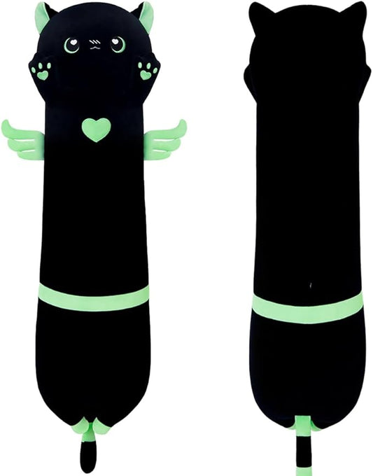 Long Plush Toy Cat Pillow Cute Plush Cat Toy Doll Stuffed Animal Cat Hugging Pillow for Sleeping Gift for Kids and Girls(Black&Green,110cm/43.3in)