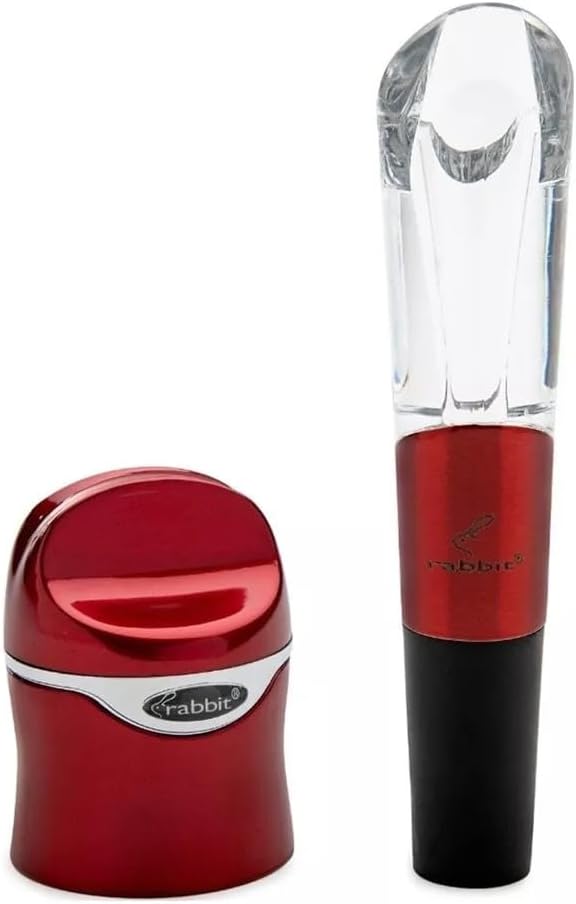 Rabbit Aerate and Preserve Wine Set, Wine/Champagne Sealer and Super Aerator (Red), Standard