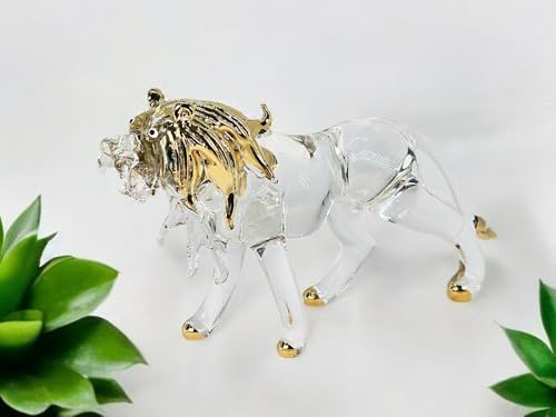 WitnyStore Tiny 5" Long Clear Gold Standing Lion Roaring Figurine - Miniature Hand Blown Painted Glass Panthera Wild Cat Small Crystal Wildlife Animals Decorative Collectible Figurines Décor Gifts