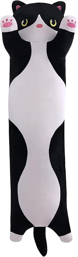 Soft Plush Cute Cat Body Pillow, Long Stuffed Cat Plush Toy Kitten Throw Pillow Gift for Kids, Girlfriend (90CM, Black)