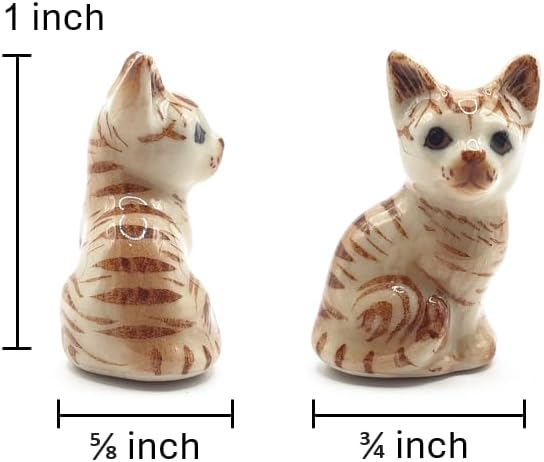 WitnyStore Tiny 1" Brown Tabby Shorthair Cat Sitting Look Right Figurine - Miniature Hand Made Painted Ceramic Cats Kitten Feline Animal Cute Porcelain Decorative Collectible Figurines Décor Gifts