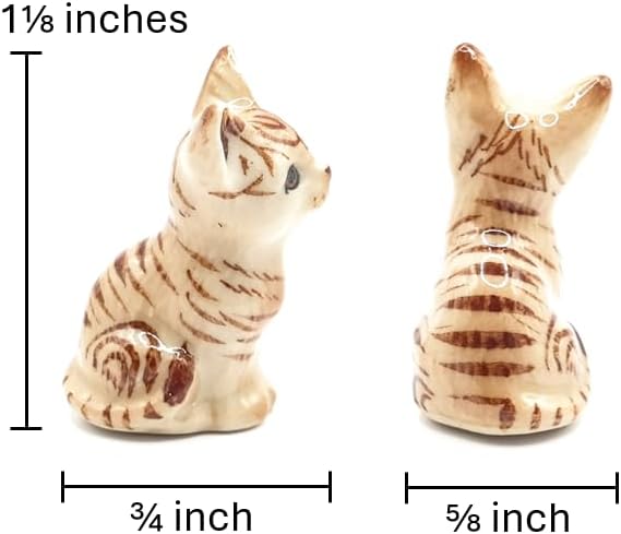 WitnyStore Tiny 1⅛" Brown Tabby Shorthair Cat Sitting Tilt Head Figurine - Miniature Hand Made Painted Ceramic Cats Kitten Feline Animal Cute Porcelain Decorative Collectible Figurines Décor Gifts