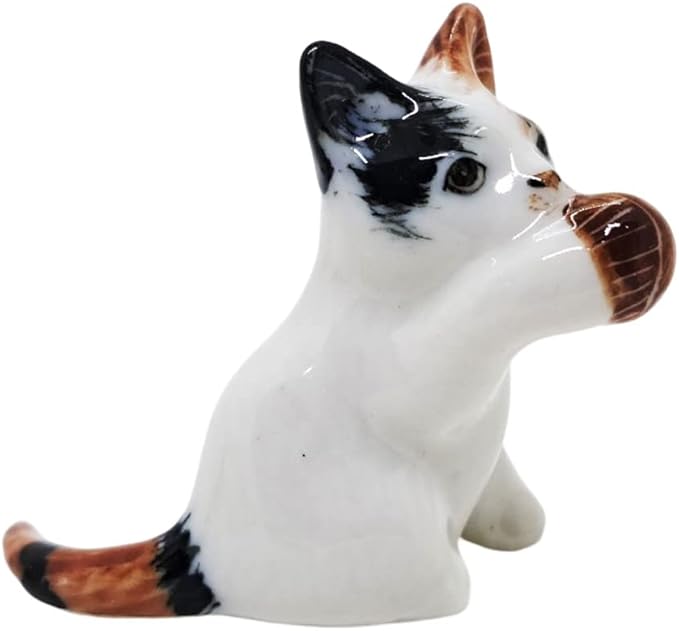 WitnyStore Tiny 1¾" Long Calico Tricolor Shorthair Cat Sitting Hold Up Ball Figurine - Miniature Hand Made Painted Ceramic Cats Kitten Animal Cute Porcelain Decorative Collectible Figure Décor Gifts