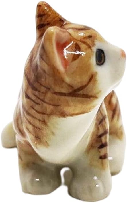 WitnyStore Tiny 1½" Long Brown White Tabby Shorthair Cat Tiptoeing Figurine - Miniature Hand Made Painted Ceramic Cats Kitten Feline Animal Cute Porcelain Decorative Collectible Figurines Décor Gifts
