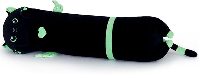 Long Cat Plush Body Pillow, Cute Cat Plush Toy Pillows with Wings, Stuffed Animals Kitten Soft Plushies Gifts for Kids Girls Girlfriend(AngelCat Green, 35.4in/90cm)