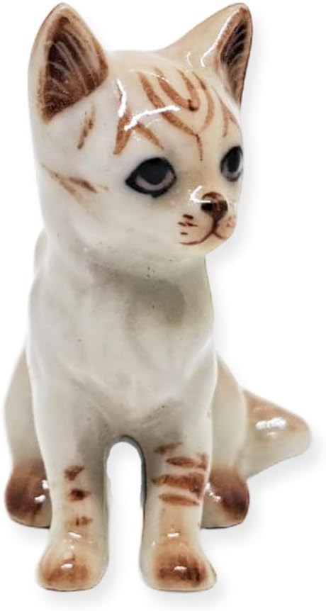 WitnyStore Tiny 1⅛" Light Brown Tabby Shorthair Cat Sitting Look Left Figurine - Miniature Hand Made Painted Ceramic Cats Kitten Feline Animal Cute Porcelain Decorative Collectible Figures Décor Gifts