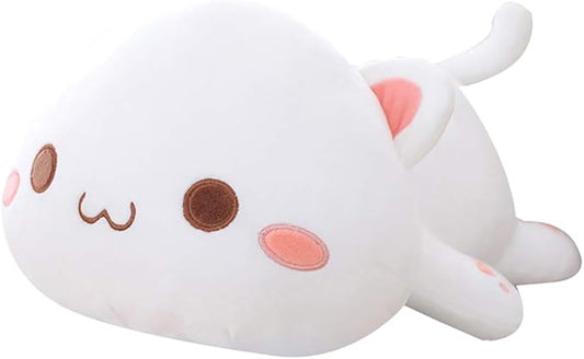 Cat Plush Hugging Pillow, Soft Cat Stuffed Animals Kawaii Kitten Plush Toy Gifts for Kids (White Round Eyes, 19.6")