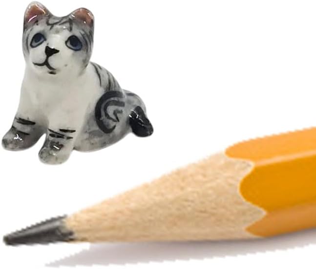 WitnyStore Tiny ½ Inch Gray White Tabby Shorthair Cat Sit Look Up Figurine - Miniature Hand Made Painted Ceramic Cats Kittens Feline Animals Cute Porcelain Decorative Collectible Figures Décor Gifts
