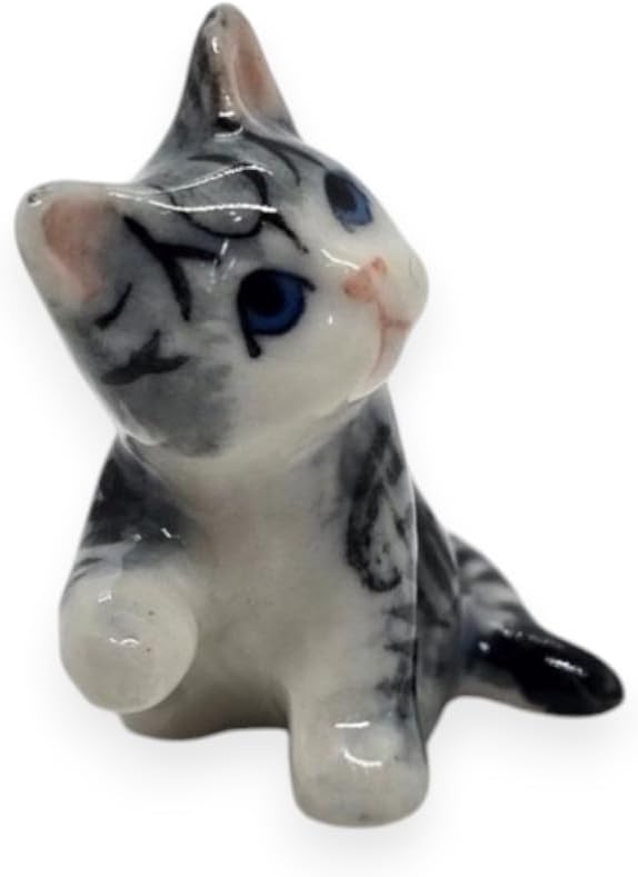 WitnyStore Tiny 1" Gray White Tabby Shorthair Cat Sitting Lift Paw Figurine - Miniature Hand Made Painted Ceramic Cats Kitten Feline Animals Cute Porcelain Decorative Collectible Figures Décor Gifts