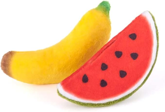 P.L.A.Y. Cute Cat Toys - Feline Frenzy Fruit Food Themed Organic Catnip Filled Toy, Great for Adult Cats and Kittens - Machine Washable, Recycled Materials, Crinkles (Tutti Fur-utti, Set of 2)