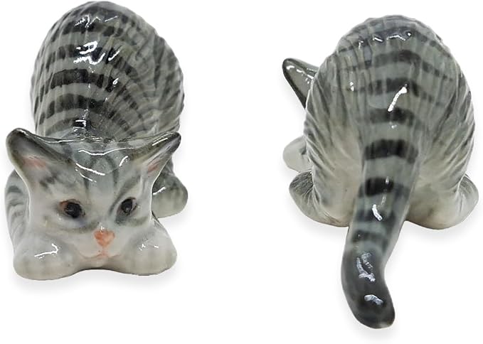 WitnyStore Tiny 2¼" Long Gray Tabby Shorthair Cat Crouching Down Figurine - Miniature Hand Made Painted Ceramic Cats Kitten Feline Animal Cute Porcelain Decorative Collectible Figurines Décor Gifts