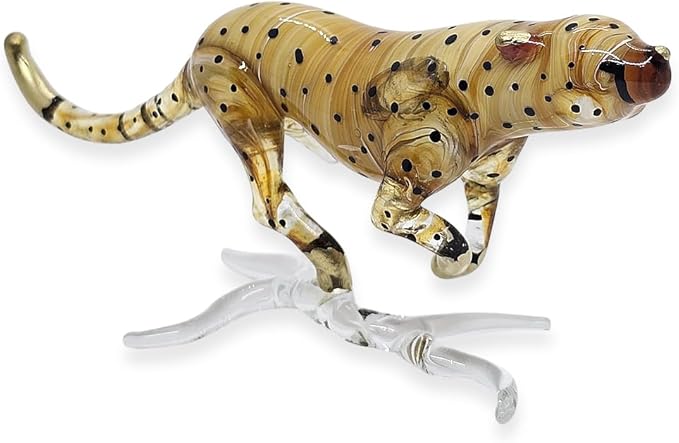 WitnyStore Tiny 6" Brown Running Cheetah Leopard Jaguar - Miniature Hand Blown Painted Glass Panthera Feline Wild Cats Small Crystal Wildlife Animal Decorative Figure Collectible Figurines Décor Gifts