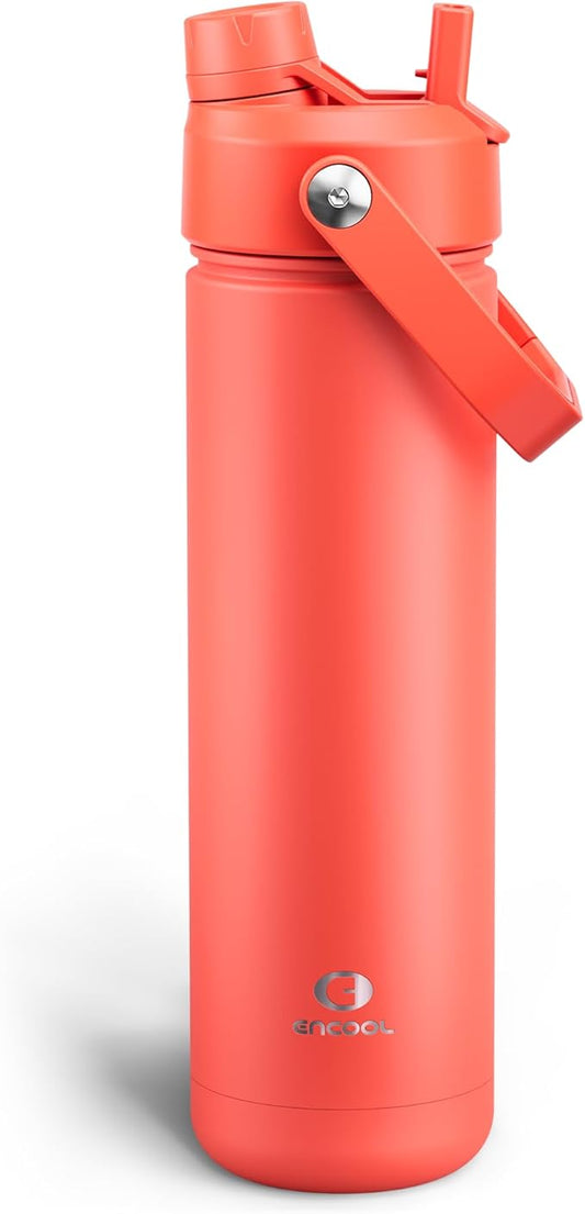 Insulated Water Bottle with Straw - Encool Stainless Steel Water Bottle, Leak-Proof, BPA-Free, Double Wall Vacuum Keeps Cold for 24 Hours for Sports, Travel, School (26 oz, Tawny Orange)