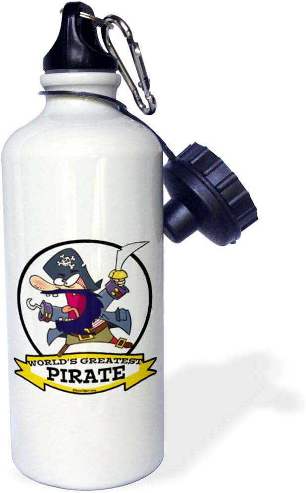 3dRose "Funny Worlds Greatest Pirate Cartoon" Sports Water Bottle, 21 oz, White
