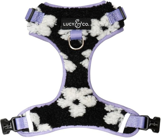 Lucy & Co. The Far Out No-Pull Dog Harness for Dogs – Comfortable Leash Training Product w/Adjustable Chest & Neck Straps - Black Purple Floral Teddy Fleece - X-Large