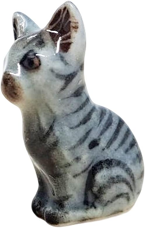 WitnyStore Tiny 3⁄4 Inch High Gray Tabby Shorthair Cat Sitting Tilt Head Figurine - Miniature Hand Made Painted Ceramic Cats Kitten Animal Cute Porcelain Decorative Collectible Figures Décor Gifts