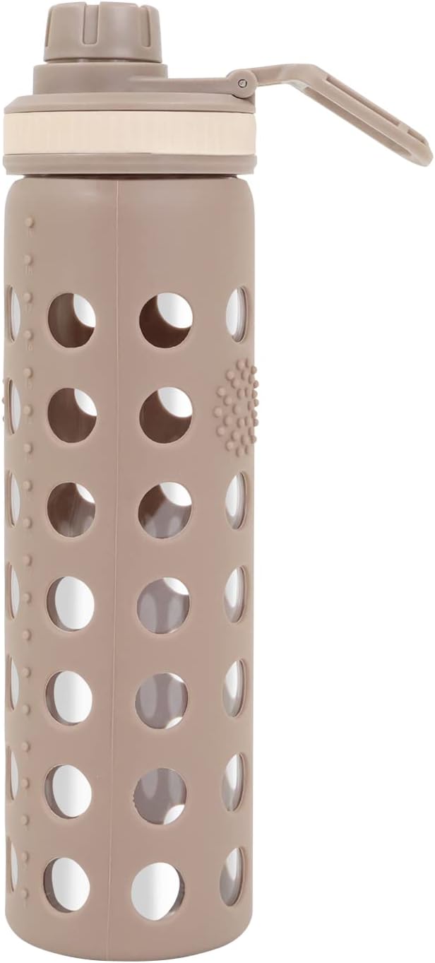 Modern-Depo 20oz Clear Glass Water Bottles Extra Lid Odor Proof and Stain Resistant Wide Mouth Reusable Fitness Sports Bottle with Sleeve, Motivational Water Jug, Smoking