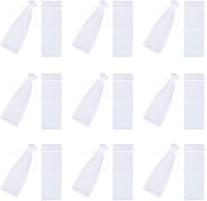50 Pieces Organza Wine Bags Drawstring Organza Bags Reusable Simple Bottle Wrap Dresses Festive Packaging Bags 5.7 x 14.5 Inch for Decoration Storefront Display Gift Bags Party Favors White