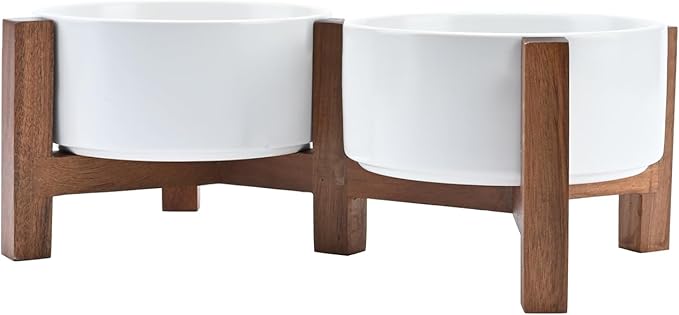SPUNKYJUNKY Acacia Wood Stand Dog Bowl Set Raised, Ceramic Dog Food & Water Bowl for Medium Dogs (28.74 OZ, White)