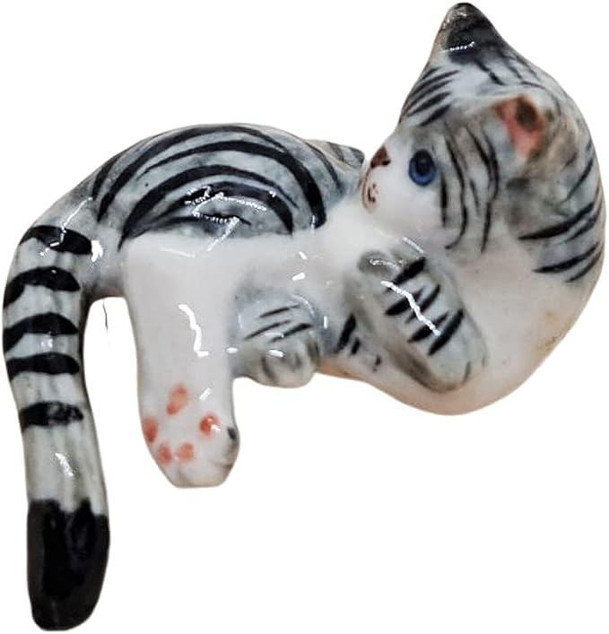 WitnyStore Tiny 1⅜" Gray White Tabby Shorthair Cat Lying Look Back Hang Tail Figurine - Miniature Hand Made Ceramic Cats Kitten Feline Animal Cute Porcelain Decorative Collectible Figures Décor Gifts