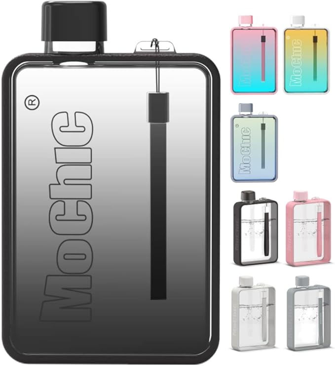 Mochic 13oz Portable Water Flask Flat Water Bottle for Purse Mug BPA Free A5 Slim Square Water Bottle Flask Leak Proof Plastic Flask Bottle for Travel (Gradient Black)