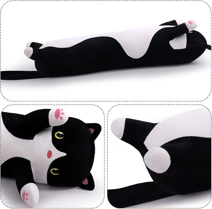 Cat Stuffed Animal Plush Pillow Cute Cat Body Pillow, Long Stuffed Cat Plush Cat Stuffed Animal Toy Kitten Long Throw Pillow Gift for Kids Girlfriend(50CM,Black)