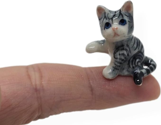 WitnyStore Tiny 1" Gray White Tabby Shorthair Cat Sitting Lift Paw Figurine - Miniature Hand Made Painted Ceramic Cats Kitten Feline Animals Cute Porcelain Decorative Collectible Figures Décor Gifts