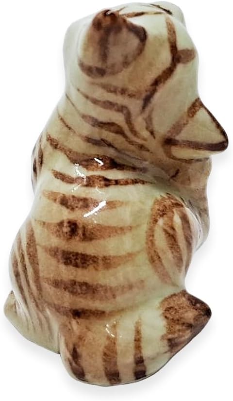 WitnyStore Tiny 1½" Brown White Tabby Shorthair Cat Scratching Ear Figurine - Miniature Hand Made Painted Ceramic Cats Kitten Feline Animal Cute Porcelain Decorative Collectible Figurines Décor Gifts