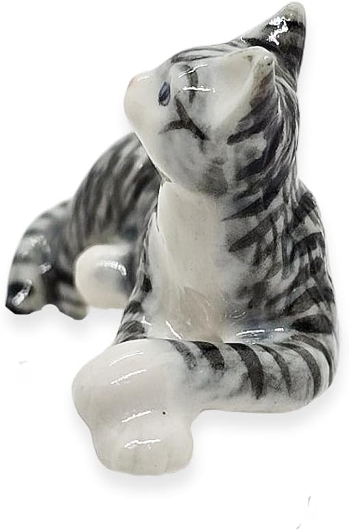 WitnyStore Tiny 2" Gray White Tabby Shorthair Cat Lying Cross Paws Hang Leg Figurine - Miniature Hand Made Ceramic Cats Kitten Feline Animal Cute Porcelain Decorative Collectible Figurines Décor Gifts