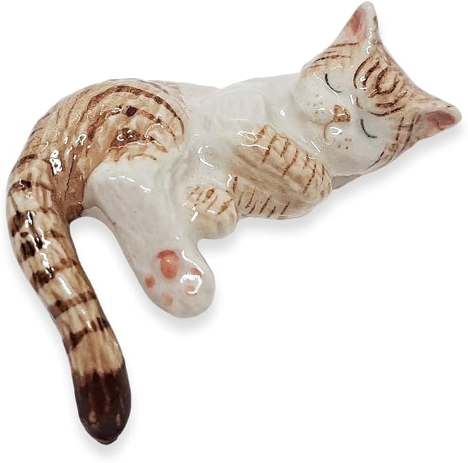 WitnyStore Tiny 1½" White Brown Tabby Shorthair Cat Sleeping Tail Hang Off Figurine - Miniature Hand Made Ceramic Cats Kitten Feline Animals Cute Porcelain Decorative Collectible Figures Décor Gifts