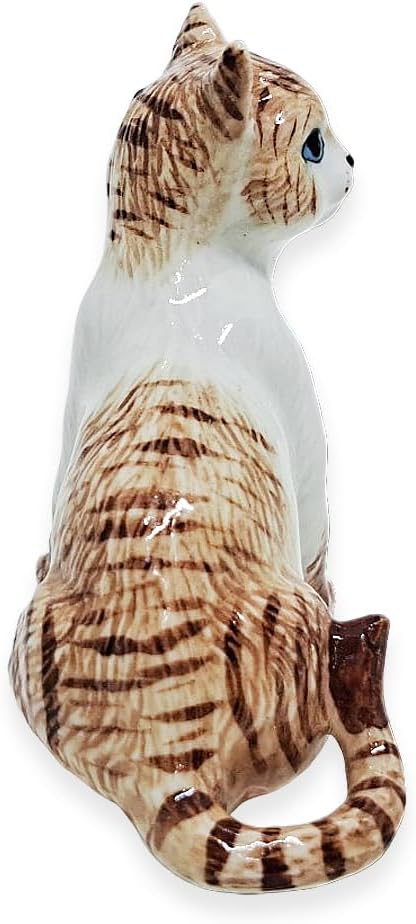 WitnyStore Tiny 2¼" Brown White Tabby Shorthair Cat Sitting Look Right Figurine - Miniature Hand Made Painted Ceramic Cats Kitten Feline Animal Cute Porcelain Decorative Collectible Figure Décor Gifts