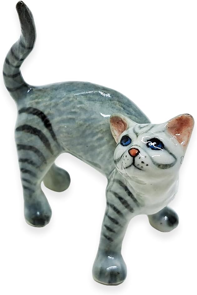 WitnyStore Tiny 2¼" Gray Tabby Shorthair Cat Standing Look Up Figurine - Miniature Hand Made Painted Ceramic Cats Kitten Feline Animal Cute Porcelain Decorative Collectible Figurines Décor Gifts