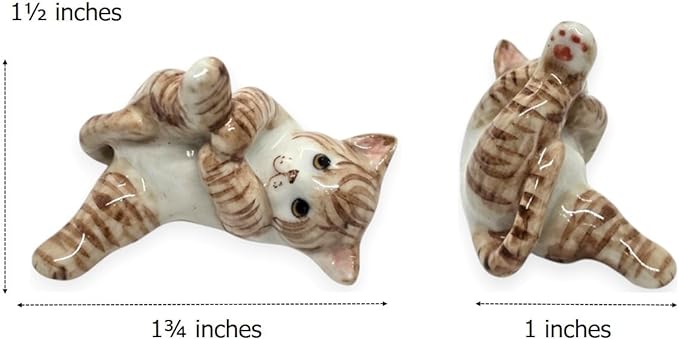 WitnyStore Tiny 1¾" Long White Brown Tabby Shorthair Cat Lying Leg Up Figurine - Miniature Hand Made Painted Ceramic Cats Kitten Feline Animals Cute Porcelain Decorative Collectible Figure Décor Gifts