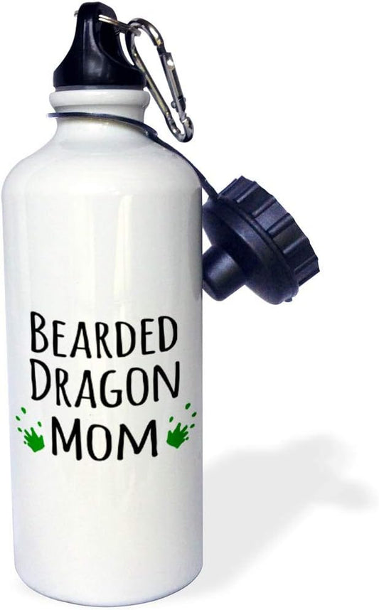 3dRose Bearded Dragon Mom-for female lizard and reptile enthusiasts and girl pet owners Green footprints-Sports Water Bottle, 21 oz, White