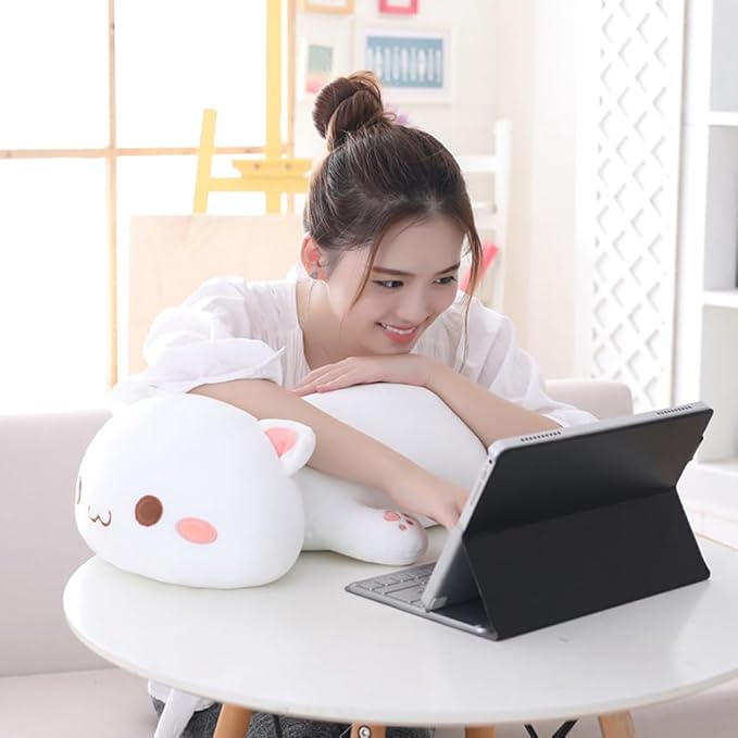 Cat Plush Hugging Pillow, Soft Cat Stuffed Animals Kawaii Kitten Plush Toy Gifts for Kids (White Round Eyes, 25.5")