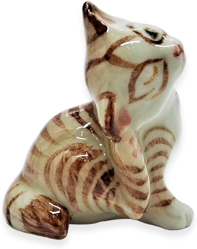 WitnyStore Tiny 1½" Brown White Tabby Shorthair Cat Scratching Ear Figurine - Miniature Hand Made Painted Ceramic Cats Kitten Feline Animal Cute Porcelain Decorative Collectible Figurines Décor Gifts