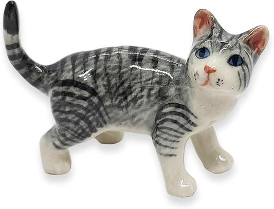 WitnyStore Tiny 2" Long Gray White Tabby Cat Standing Look Right Figurine - Miniature Hand Made Painted Ceramic Cats Kitten Feline Animal Cute Porcelain Decorative Collectible Figurines Décor Gifts