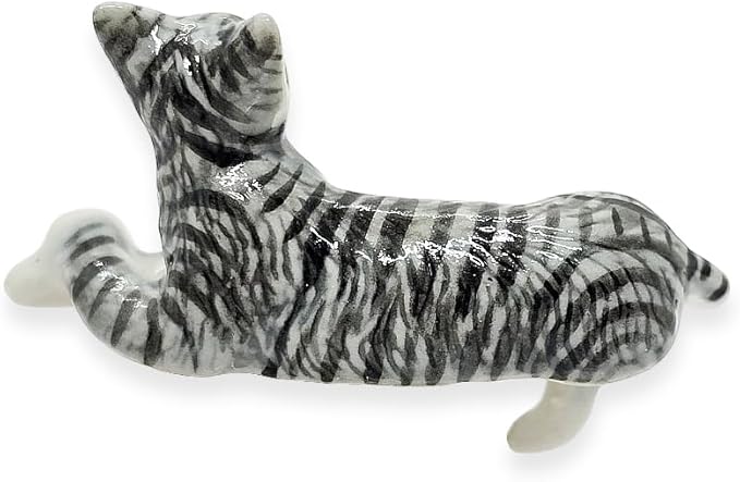WitnyStore Tiny 2" Gray White Tabby Shorthair Cat Lying Cross Paws Hang Leg Figurine - Miniature Hand Made Ceramic Cats Kitten Feline Animal Cute Porcelain Decorative Collectible Figurines Décor Gifts