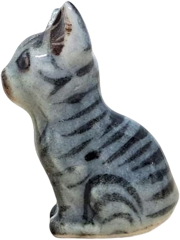 WitnyStore Tiny 3⁄4 Inch High Gray Tabby Shorthair Cat Sitting Tilt Head Figurine - Miniature Hand Made Painted Ceramic Cats Kitten Animal Cute Porcelain Decorative Collectible Figures Décor Gifts