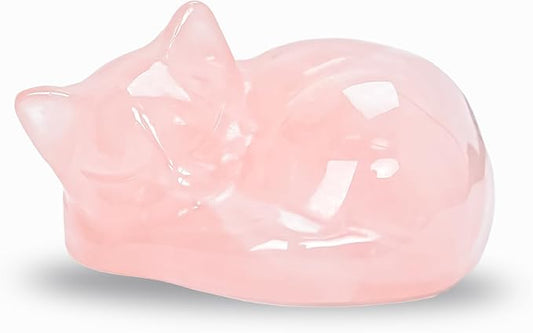 WHAL&YUNE Crystal Cat Figurine, 1PC Rose Quartz Cat Stone, Natural Sleeping Cat Ornament Hand Carved Cat Statue Cat Decoration for Cat Lovers, Gift 1.5"