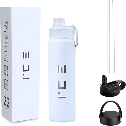 ICE Sports Water Bottle - Includes 3 Lids (1 Straw Lid) & 2 Straws - Leak proof Stainless Steel Gym & Sport Bottles for Men, Women & Kids - Double Walled, Insulated Thermos (White, 22 oz)