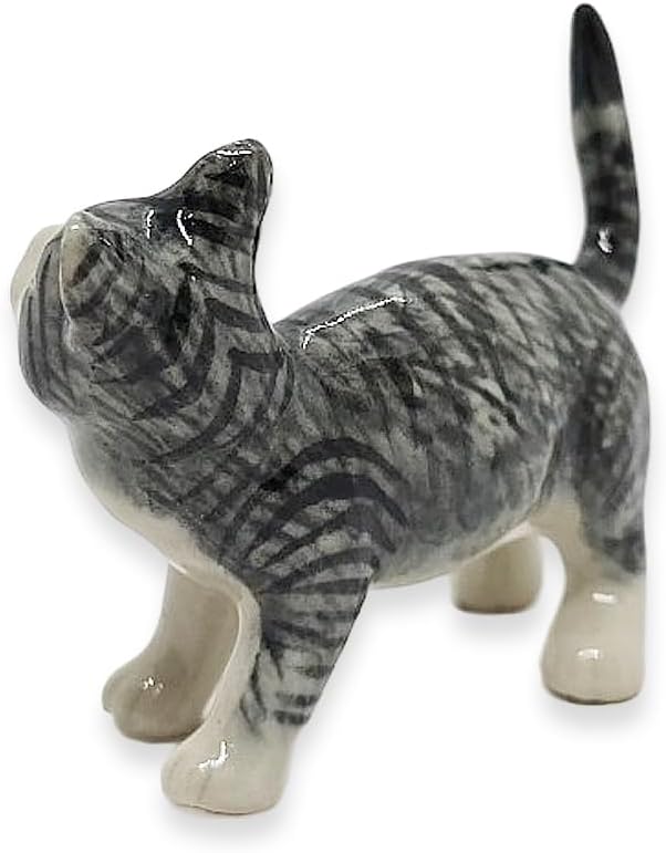 WitnyStore Tiny 2" Long Gray White Tabby Cat Standing Look Right Figurine - Miniature Hand Made Painted Ceramic Cats Kitten Feline Animal Cute Porcelain Decorative Collectible Figurines Décor Gifts