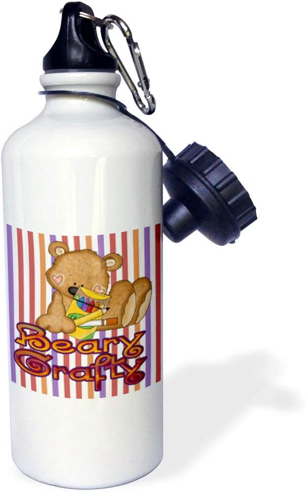 3dRose "Cute Beary Crafty School Days Bear Cartoon on Striped Background" Sports Water Bottle, 21 oz, White