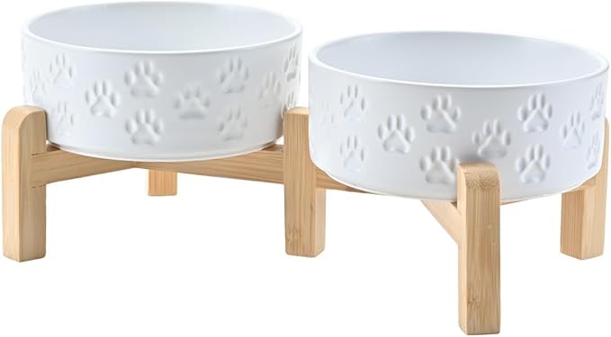 SPUNKYJUNKY Elevated Dog Bowls Ceramic, 5.1'' Dogs and Cat Food Water Bowls Raised with Non-Slip Bamboo Stand for Puppy Small Sized Breed Microwave Dishwasher Safe - 13.5 OZ,Paw White